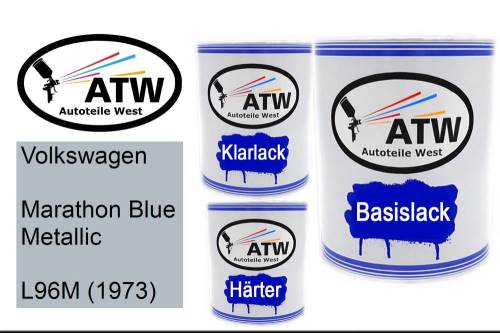 Volkswagen, Marathon Blue Metallic, L96M (1973): 1L Lackdose + 1L Klarlack + 500ml Härter - Set, von ATW Autoteile West.